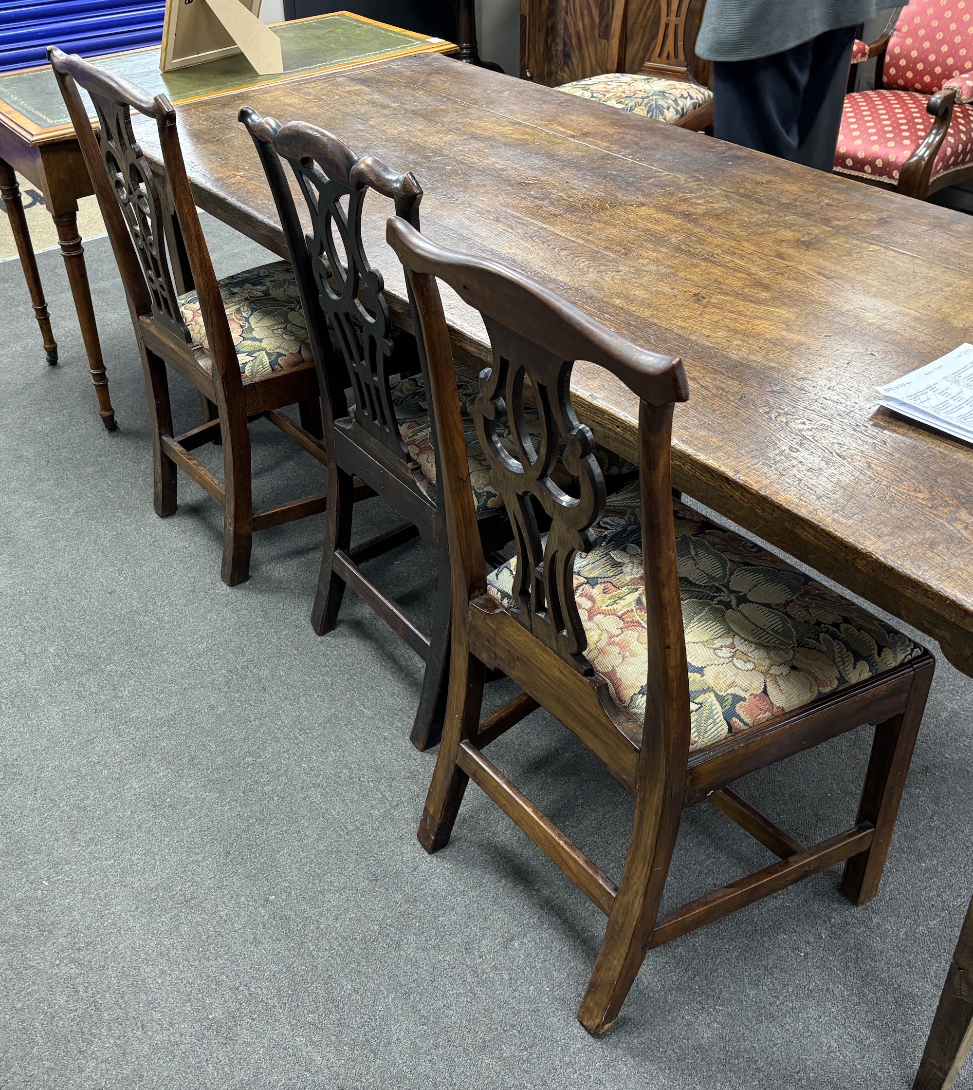 Seven George III Provincial mahogany oak and fruitwood dining chairs